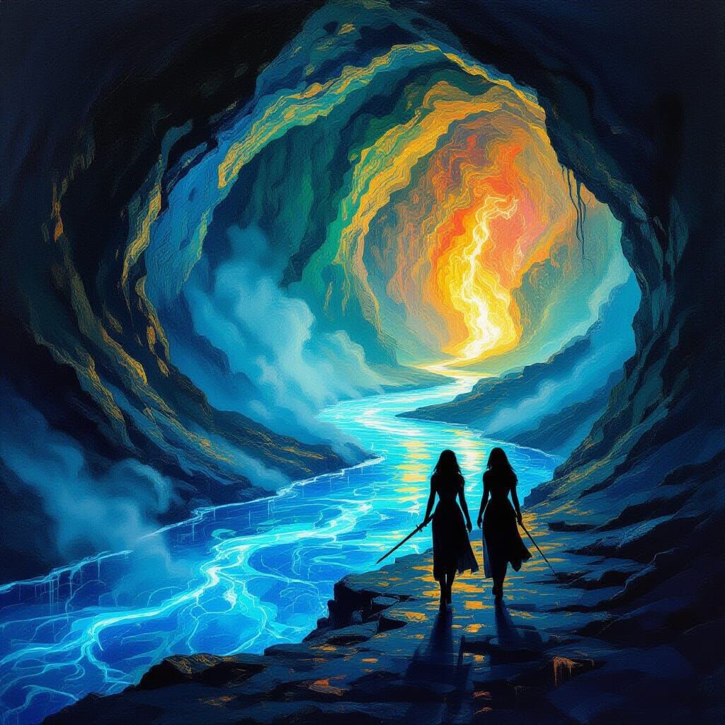 Electric Blue Flame River in Cavern, Neo-Impressionist Style