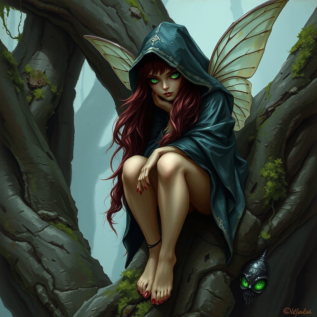Mysterious Fairy on Ancient Tree Trunk, Painterly Fantasy Ar...