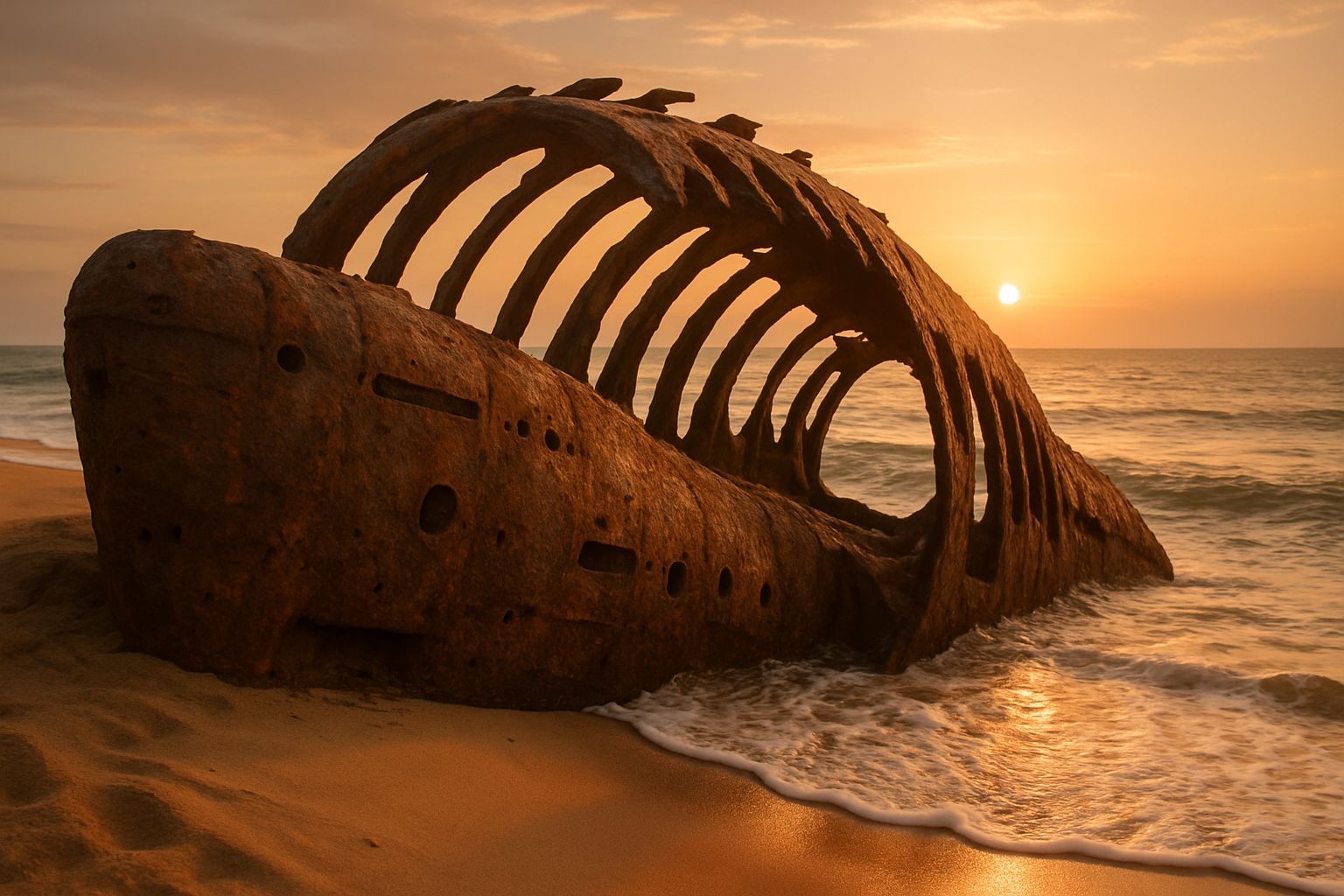 Ancient Uboat Spaceship Wreck on Beach at Sunset