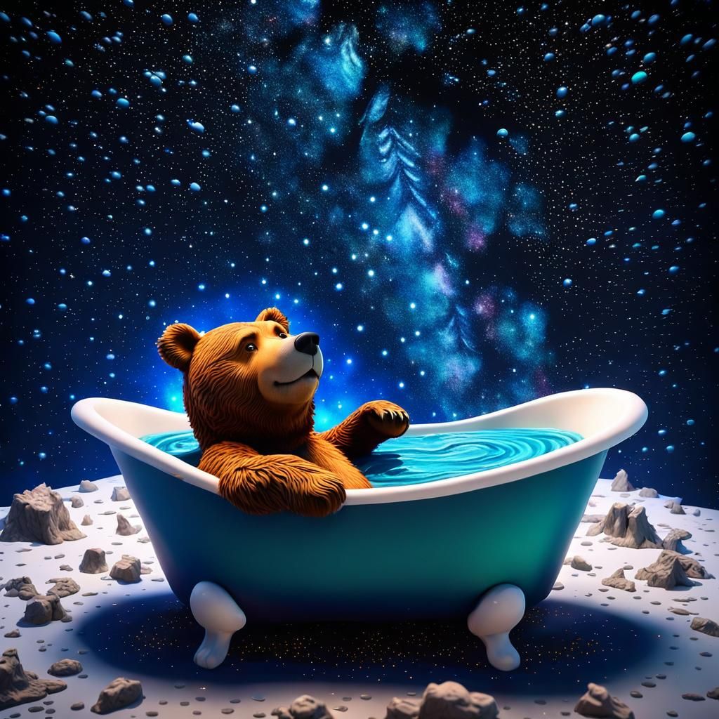 Bear Bathtub Floating in Space: Claymation Art