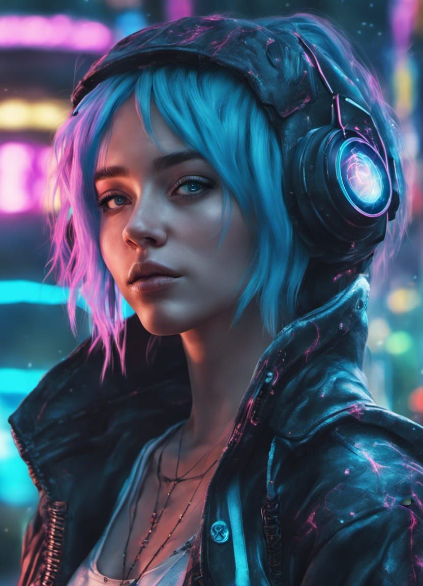 Cyan-Haired Cyberpunk Beauty in Neon God Rays