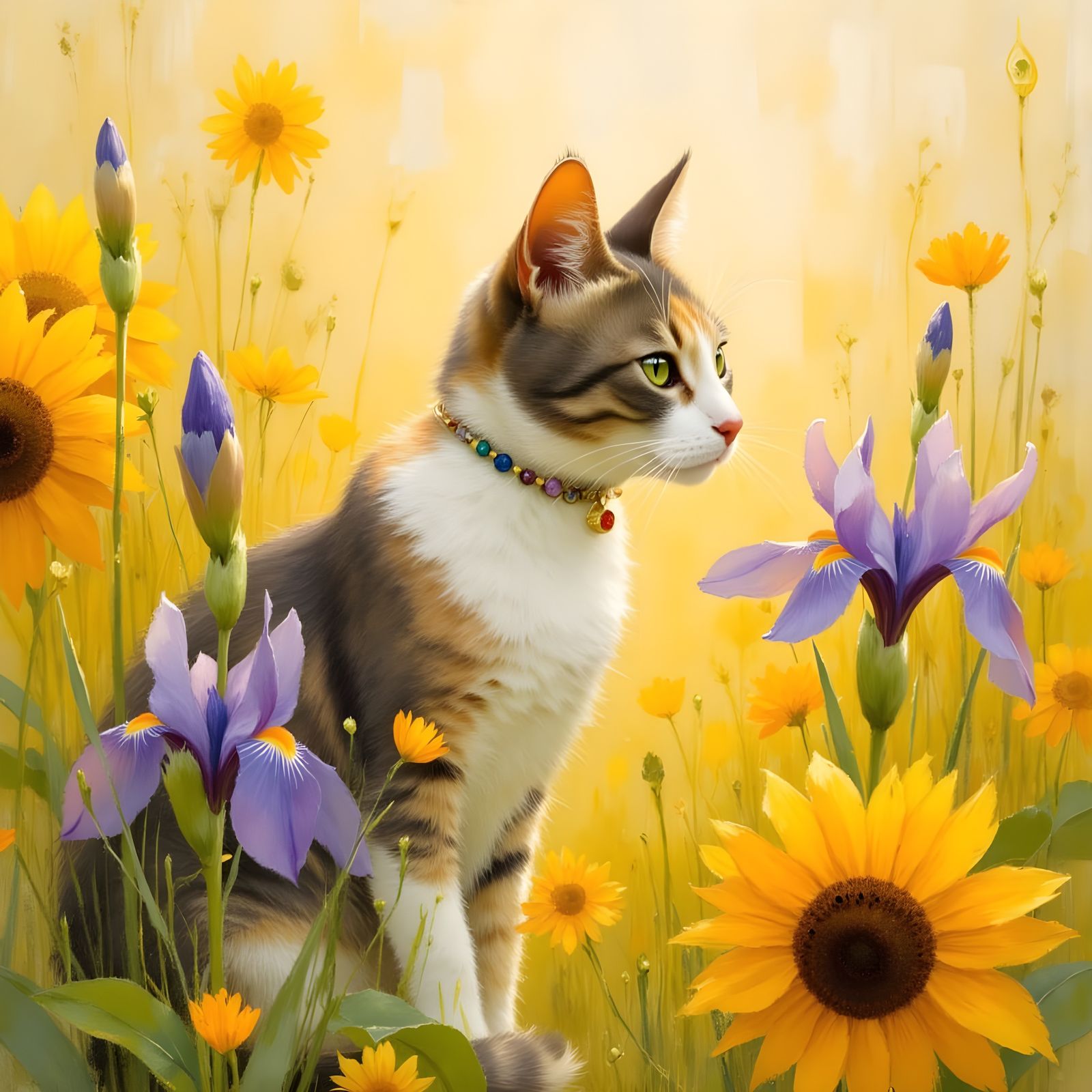Pearl Cat in Sunflowers and Irises
