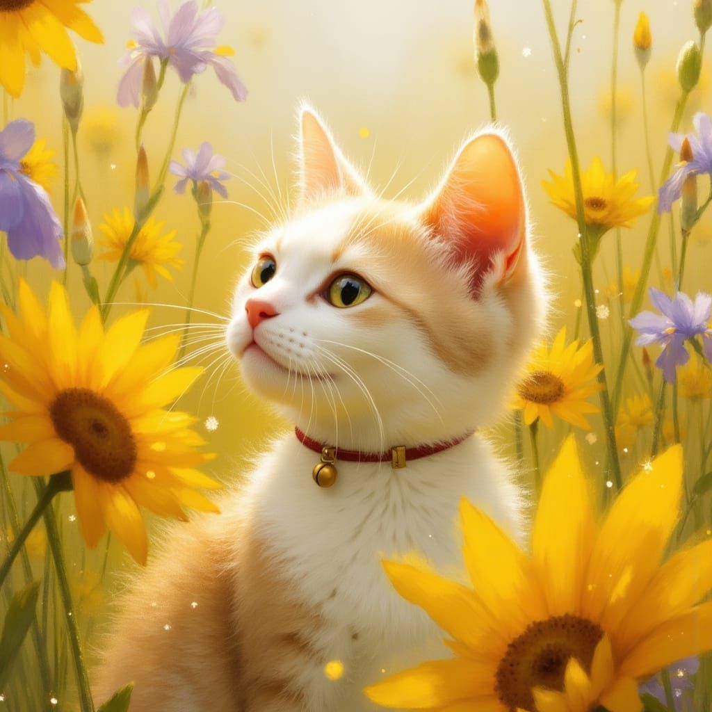 Pearl Cat in Flower Field, Children's Book Style