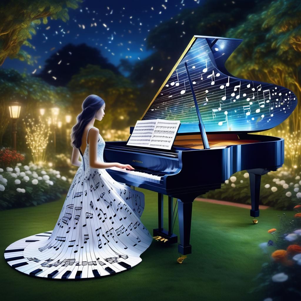 Enchanting AI Art: Woman in Music Note Gown Playing Piano