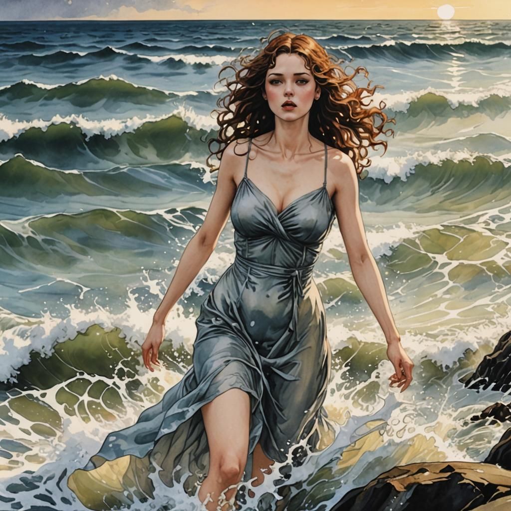 Woman Emerges from Ocean: Shock Art Illustration