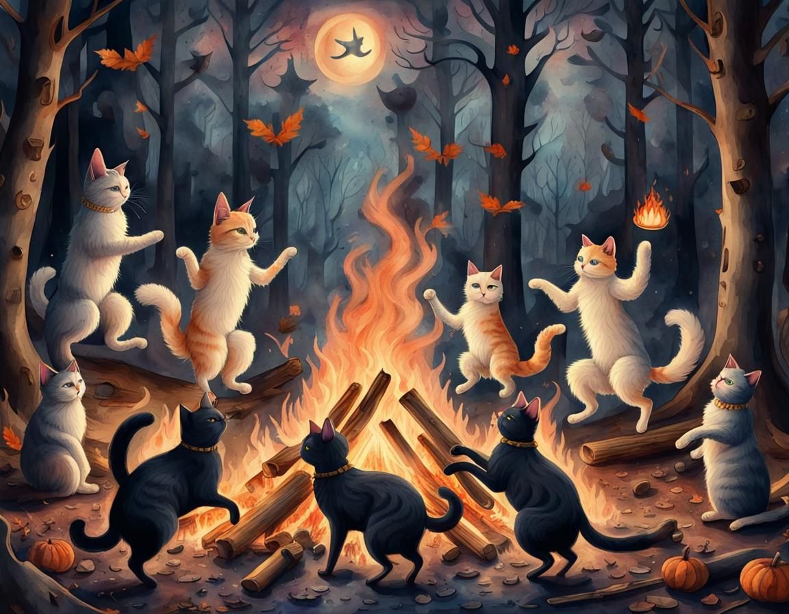 Cats Dancing in Spooky Woods Watercolor