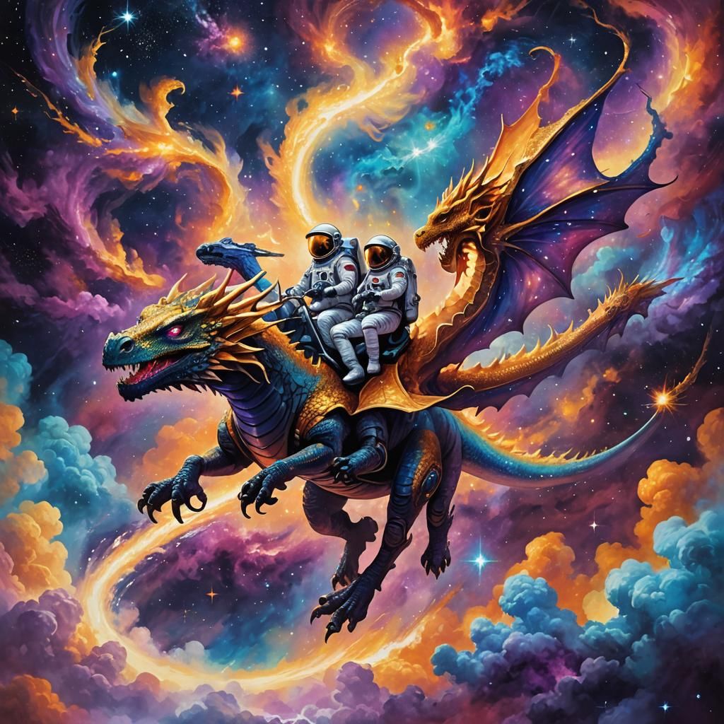 Astronauts Ride Star Dragon in Cosmic Oil Painting