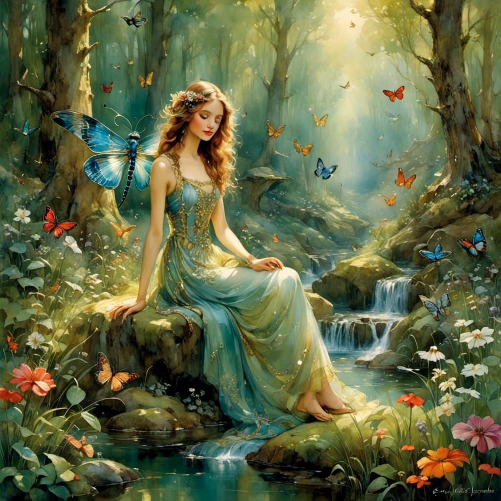 Woman with Dragonfly Wings in Magical Forest