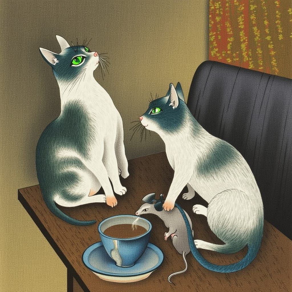 Cubist Surrealist Feline and Rodent Enjoy Coffee Together in...