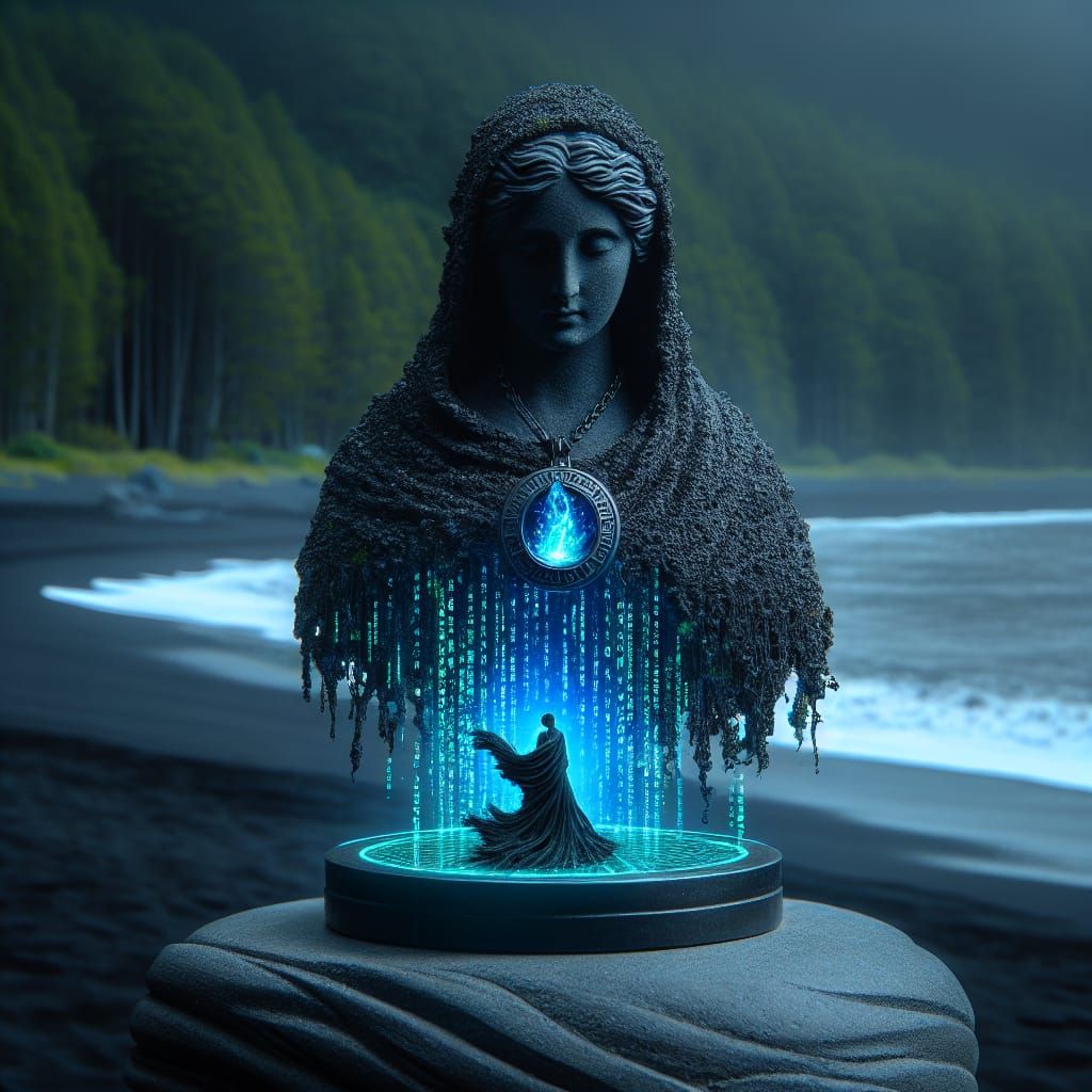 Black Marble Statue on Black Sands