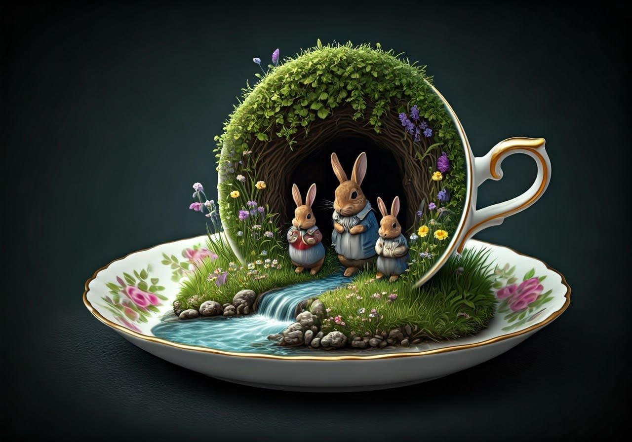 Rabbit Family in Teacup Burrow, Surreal Scene