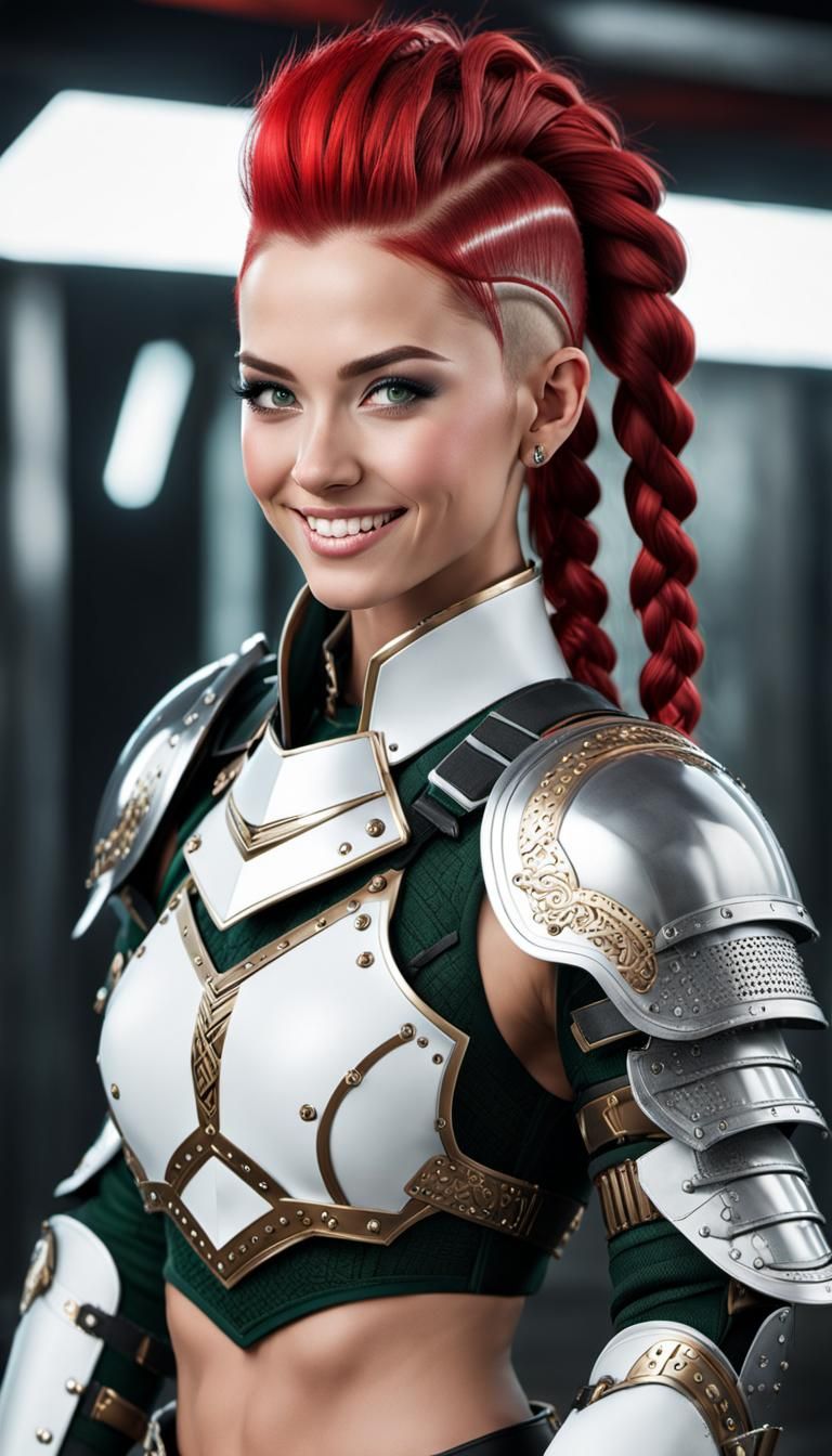 Futuristic Female Warrior with Red Mohawk in Armor