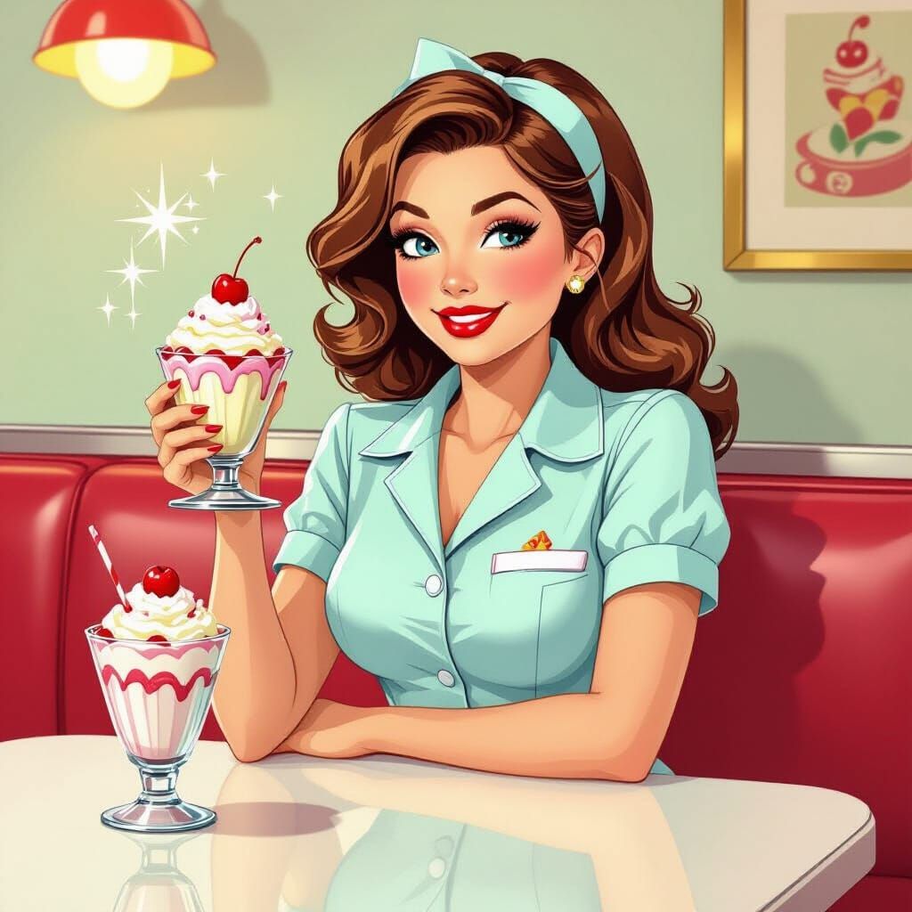 Playful Waitress Serving Sundae in Retro Diner