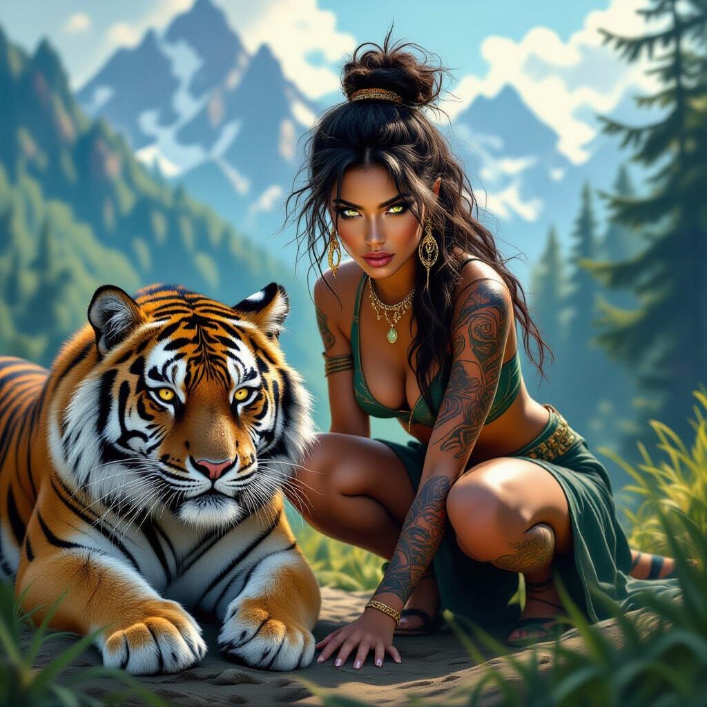 Exotic Woman and Tiger in Mountain Forest
