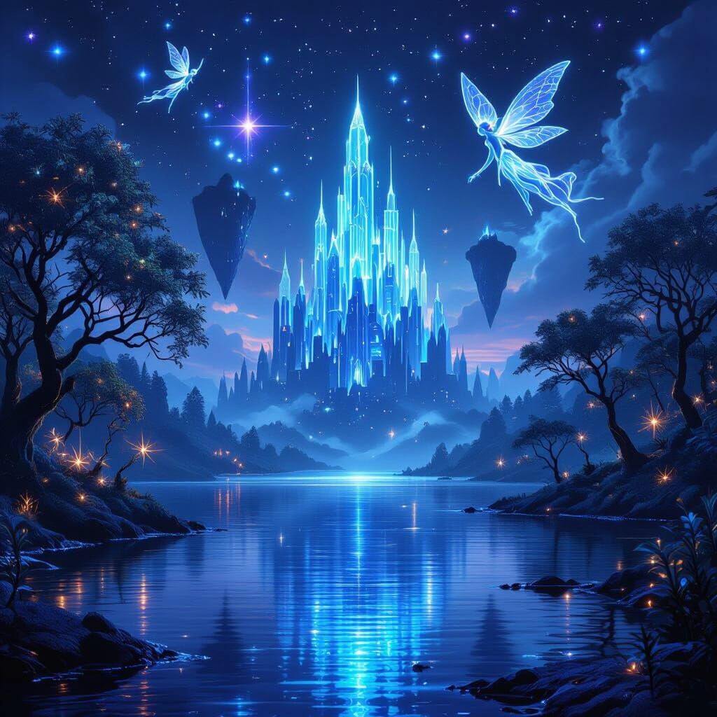 Fantasy Nightscape with Crystal Castle and Glowing Lights