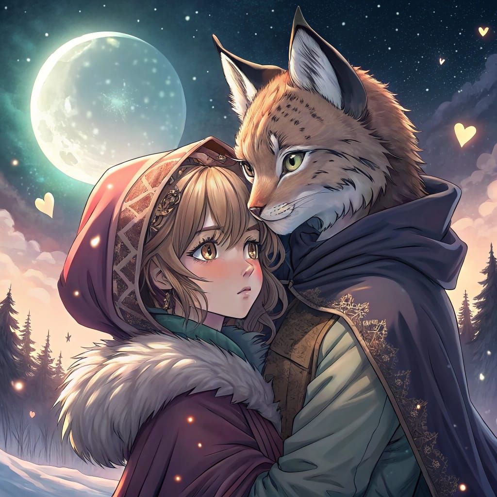 Enchanting Anime Lynx Hugging Man in Watercolour Art