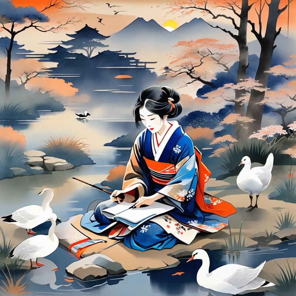 Japanese Poet in Ukiyo-e Garden at Sunset