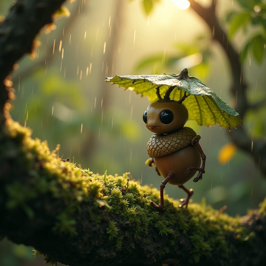 Alien Acorn People in a Rainy Forest Scene