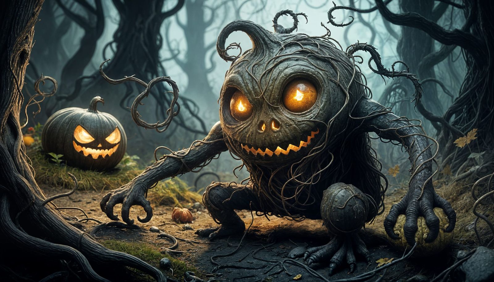 Sinister Cute Gourd Creature in Horror Style