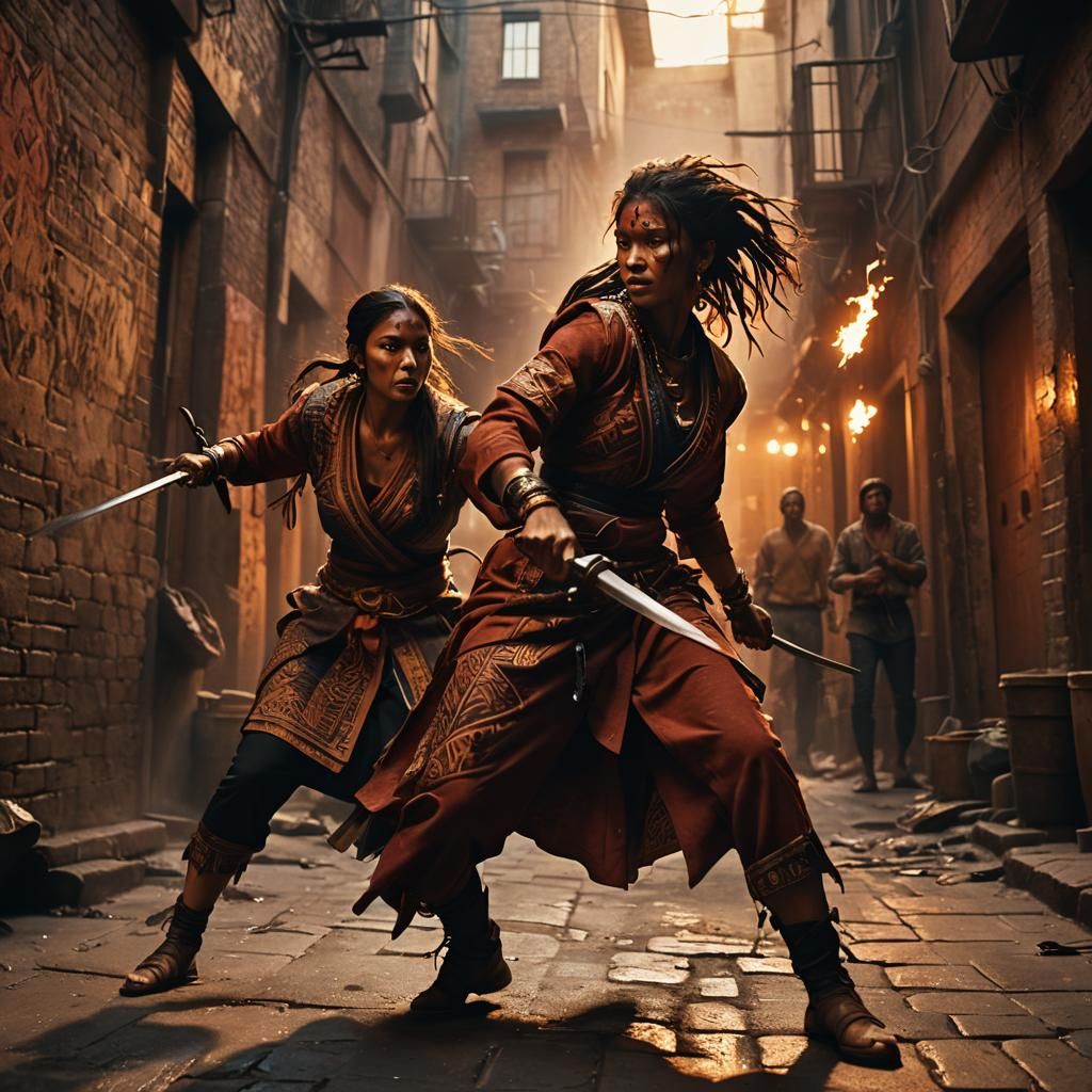 Tribal Woman Battles Thieves in Dark Alleyway