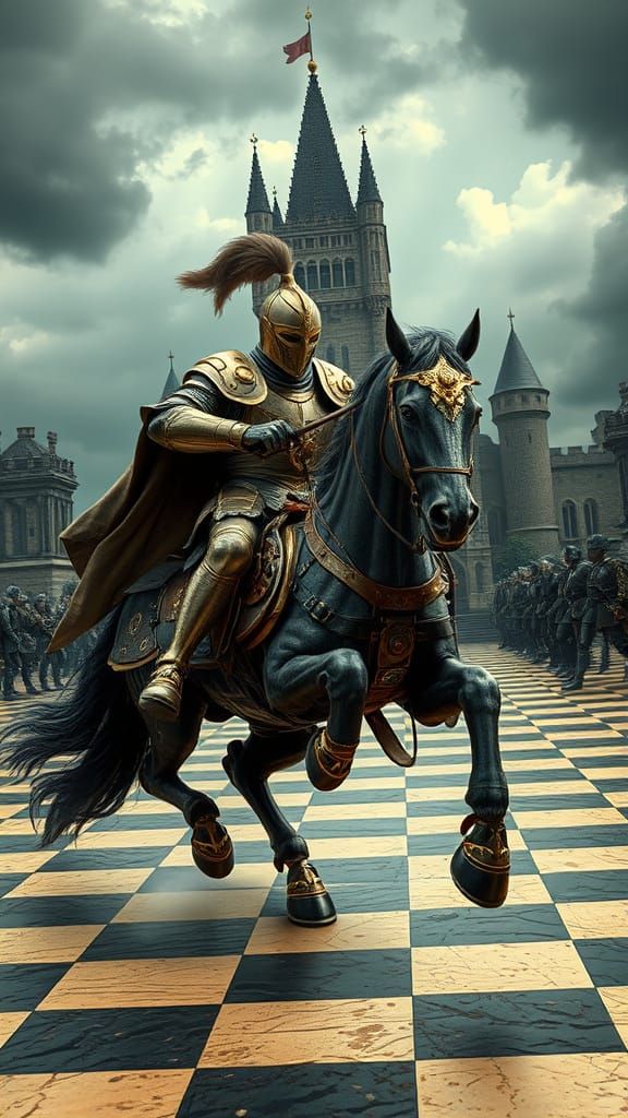 Steampunk Knight Gallops Across Chessboard in Dramatic Style