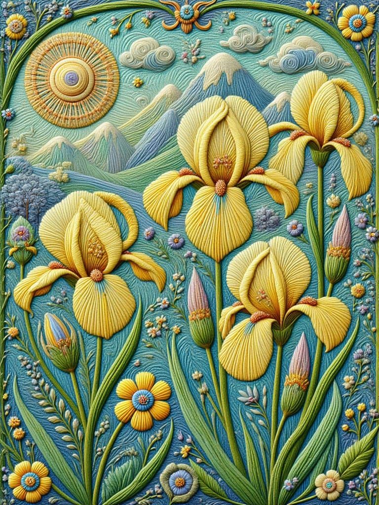 Art Nouveau Stained Glass Iris Flowers in Pastel Embroidery ...