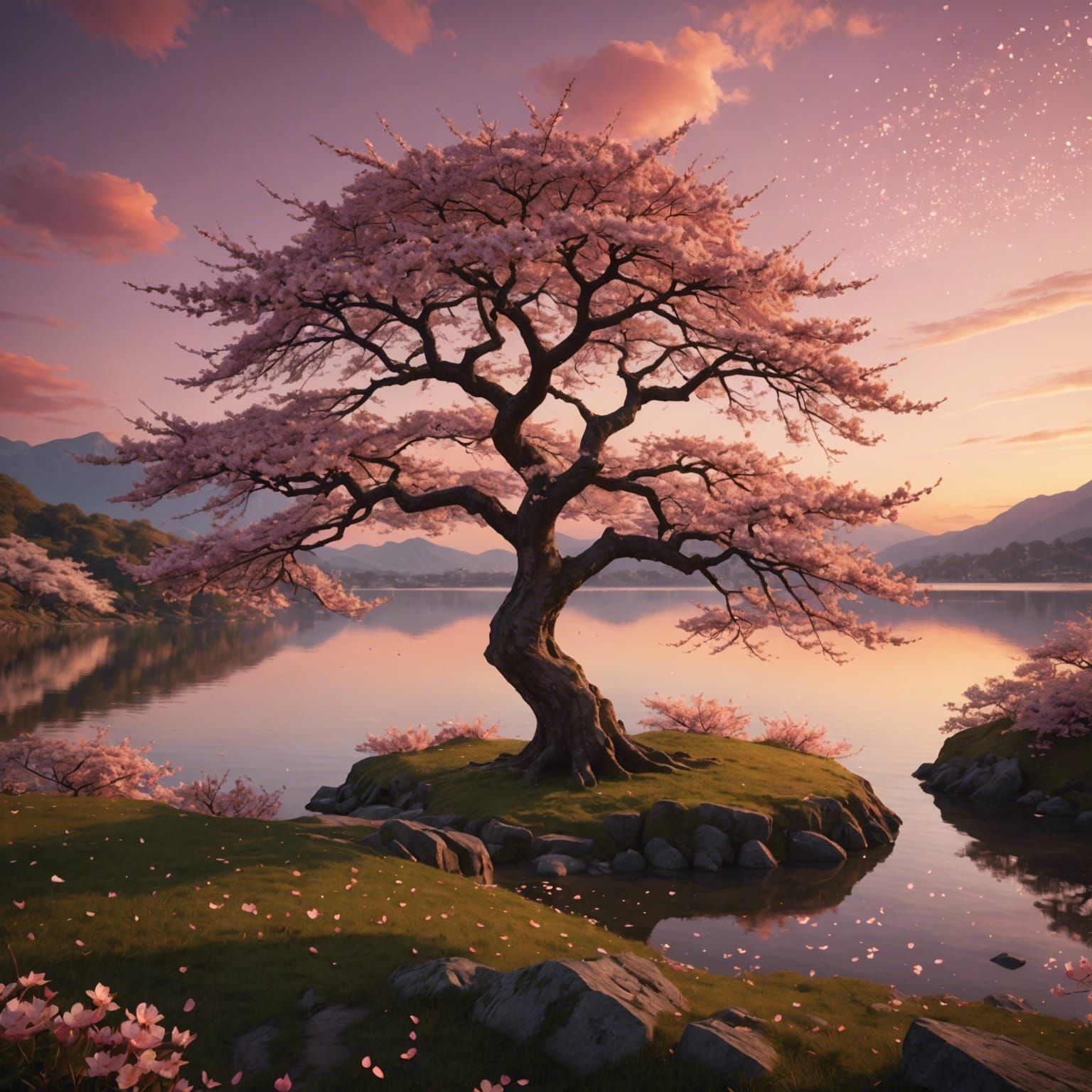 Ancient Sakura Tree Sunset in Pastel Colors