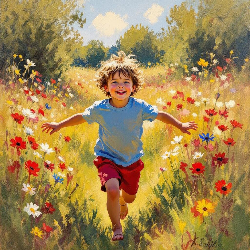 Joyful Boy Running in Sunlit Wildflower Meadow
