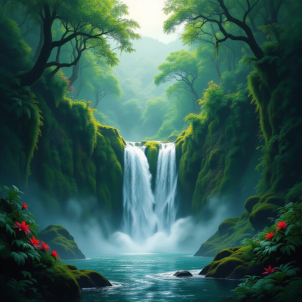 Lush Hidden Waterfall in Photorealistic Style