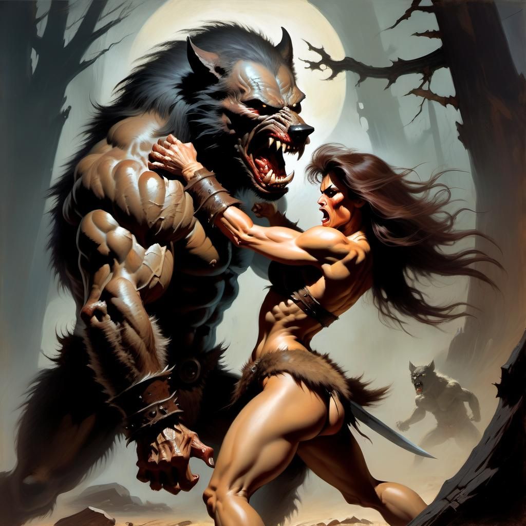 Barbarian Woman vs. Werewolf in Frazetta Style