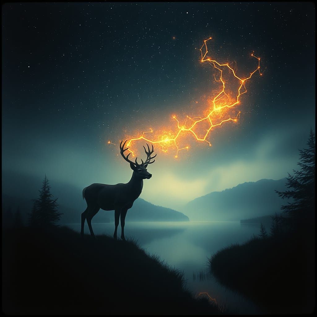 Majestic Deer Constellation in Oil Painting Style