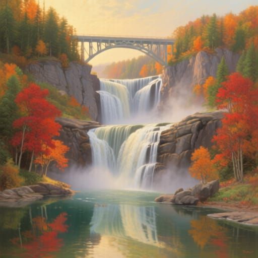 Majestic Waterfall and Bridge in Autumn Landscape Painting
