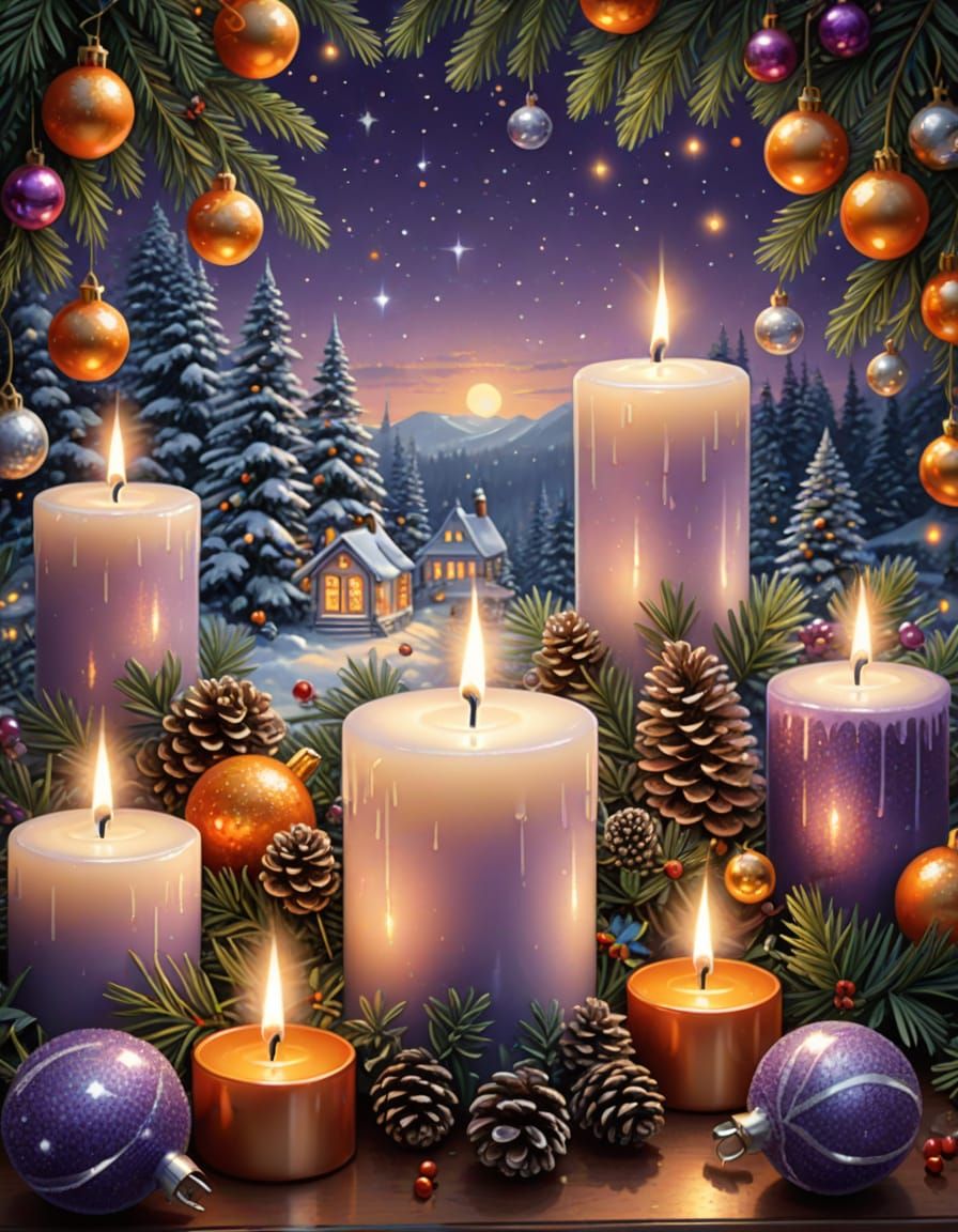 Ethereal Christmas Card Frame with Ornaments and Candles