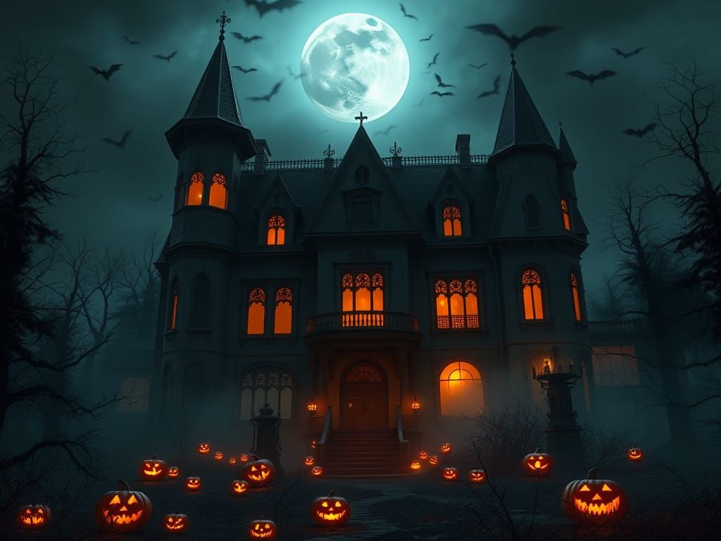 Haunted Mansion in a Monochromatic Mist with Glowing Jack-o-...