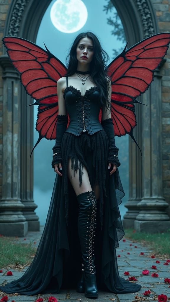 Gothic Fairy Before Stone Cathedral in Moonlight