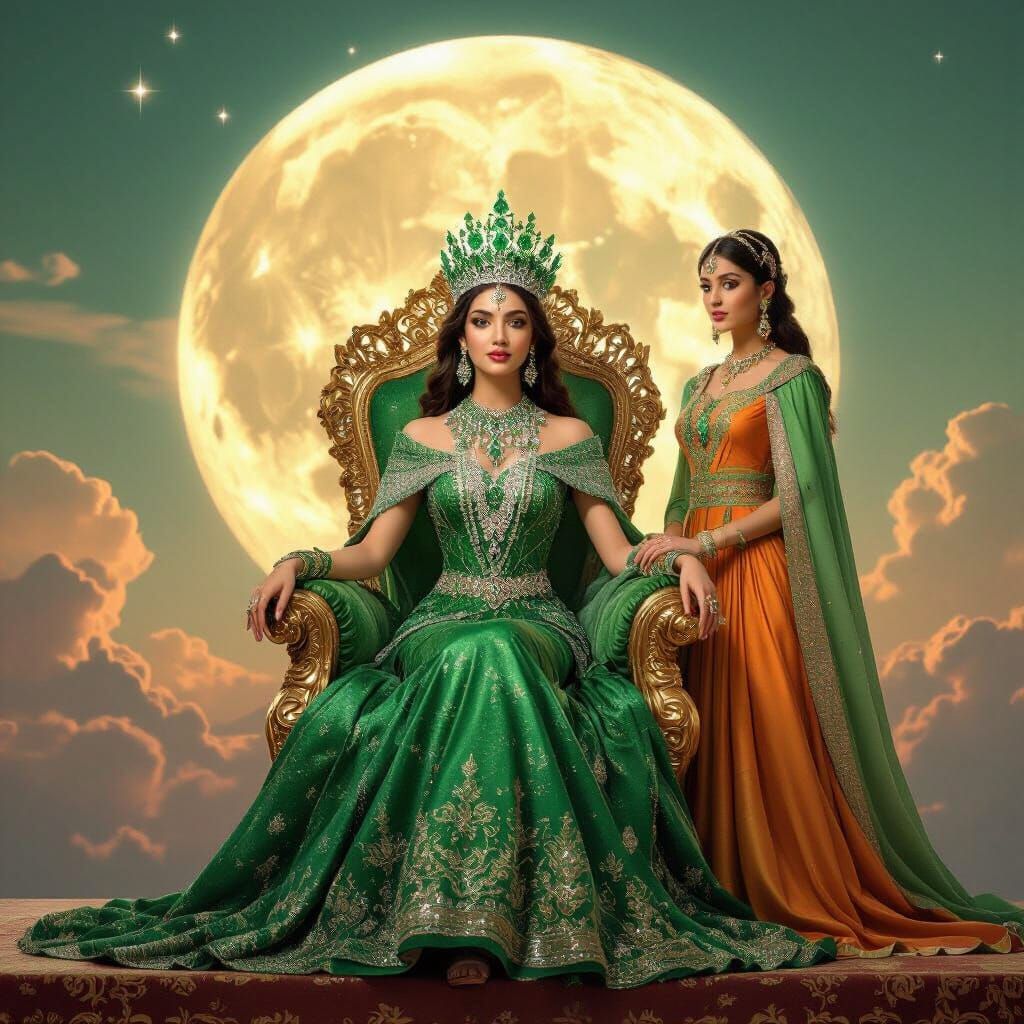 Queen on Emerald Throne Under Venus Sky