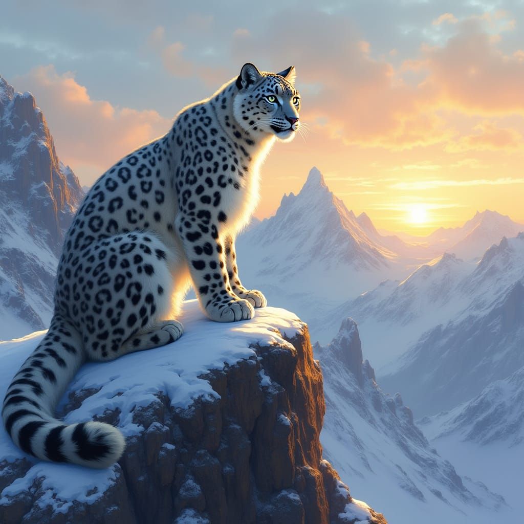 Majestic Snow Leopard Dominates Windswept Mountain Peak in S...