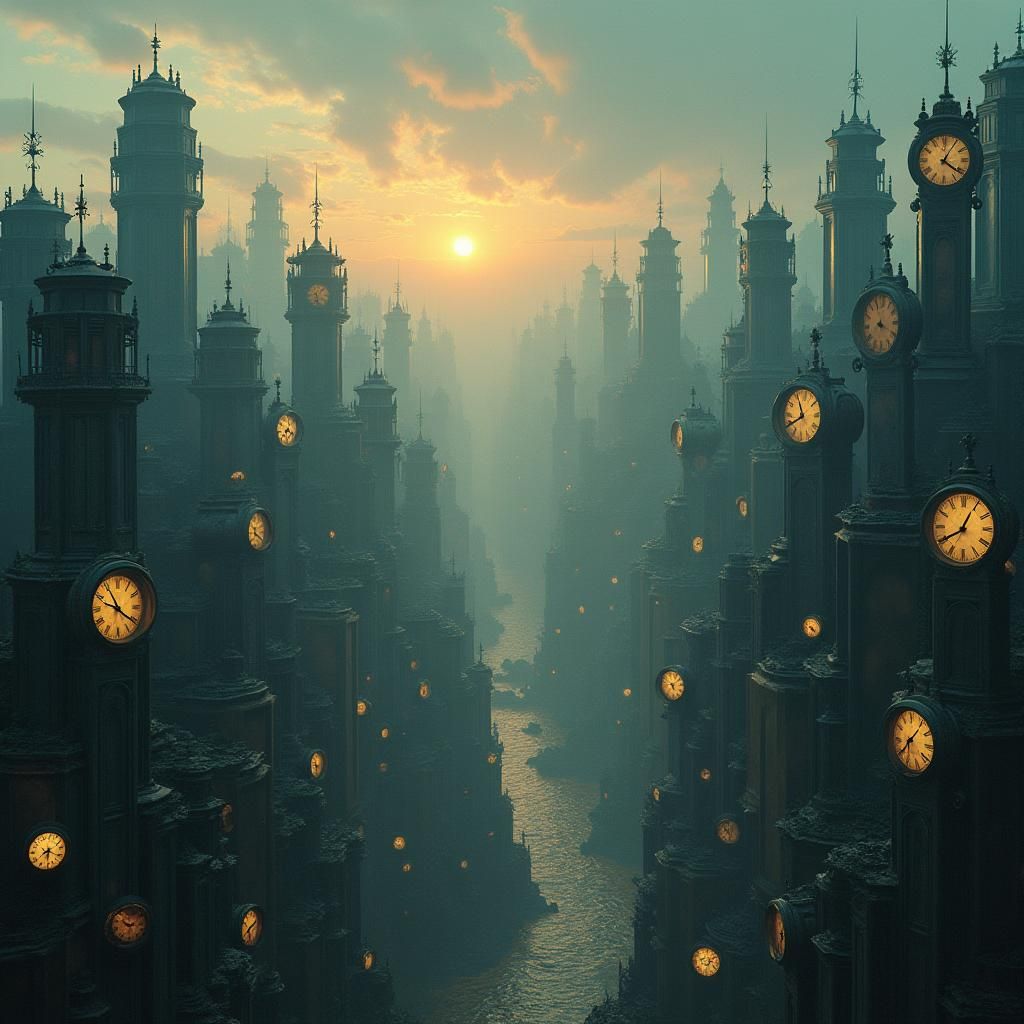 Surreal Clock Cityscape at Dusk in Neo-Romantic Style
