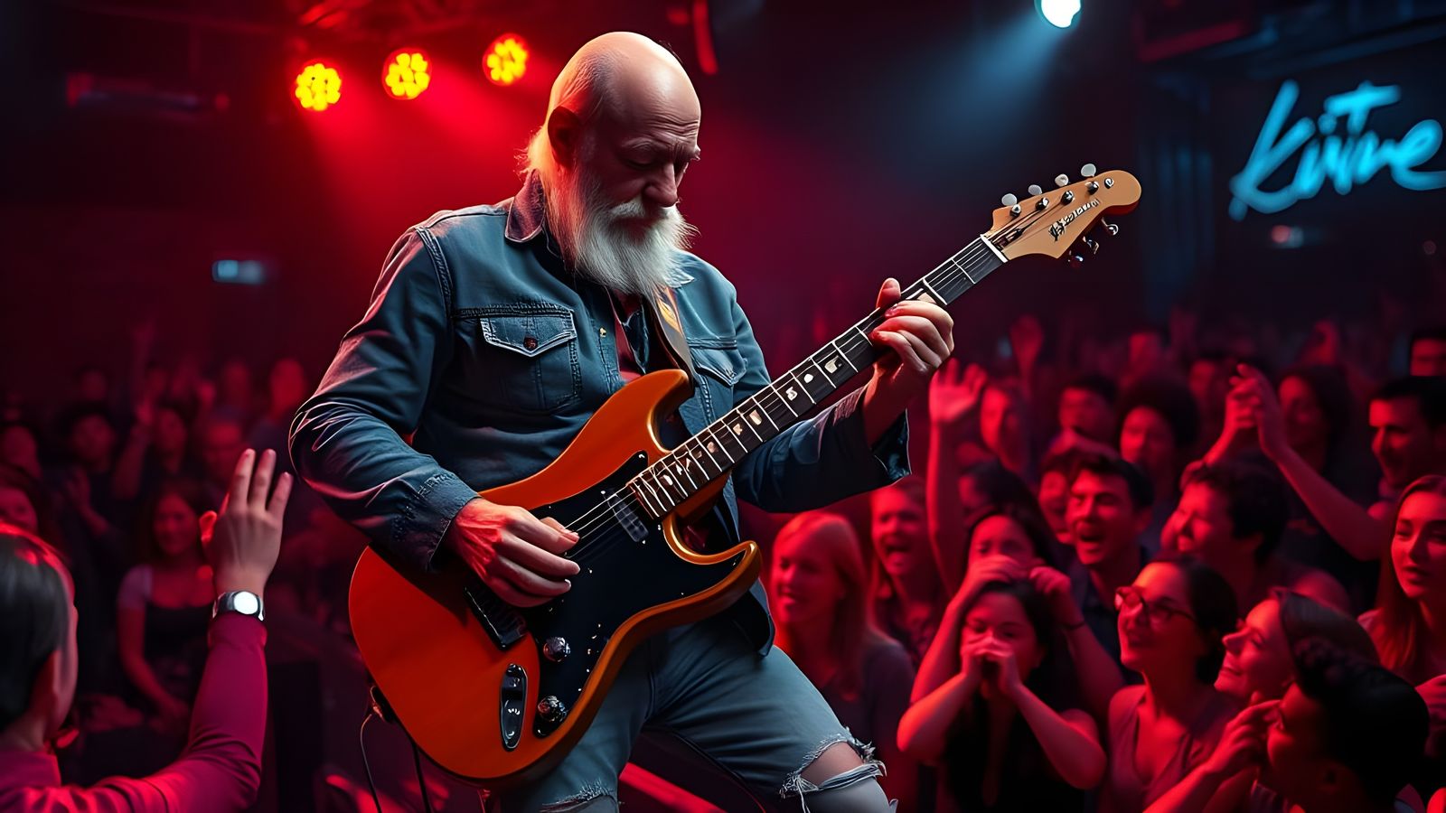Elderly Guitarist Rocks Crowd in High Resolution