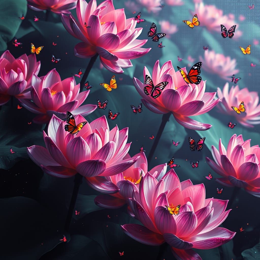 Glitched Lotus Flowers with Pixelated Butterflies in Flux St...