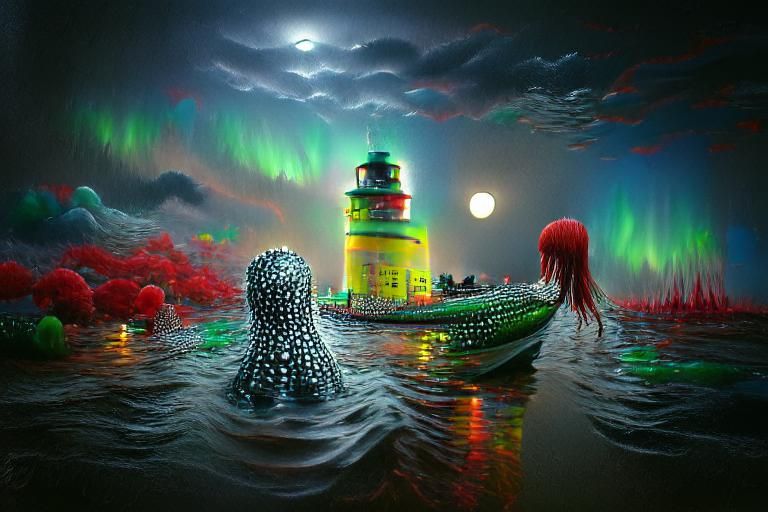 Spectacular Aurora Lights Spectral Lighthouse: Hyperrealism