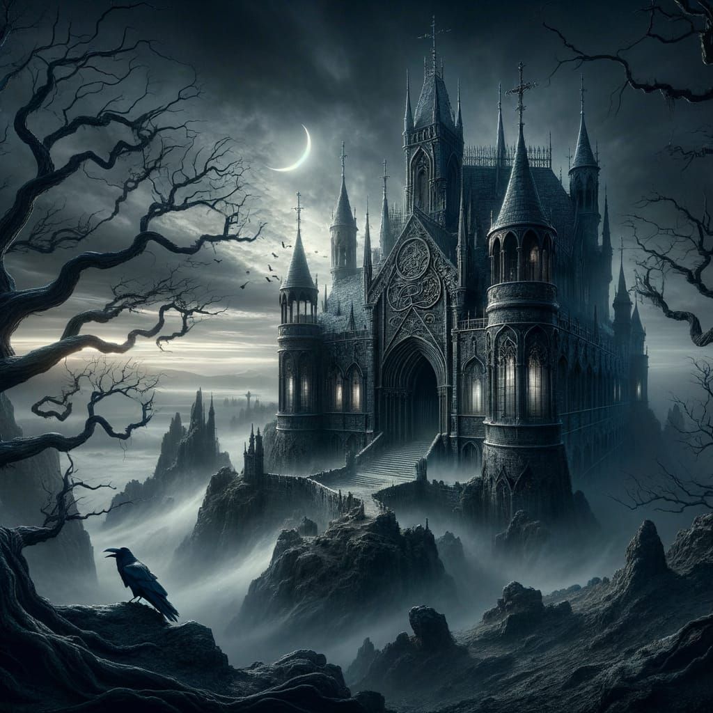 Gothic Castle Overlooking Misty Landscape at Night