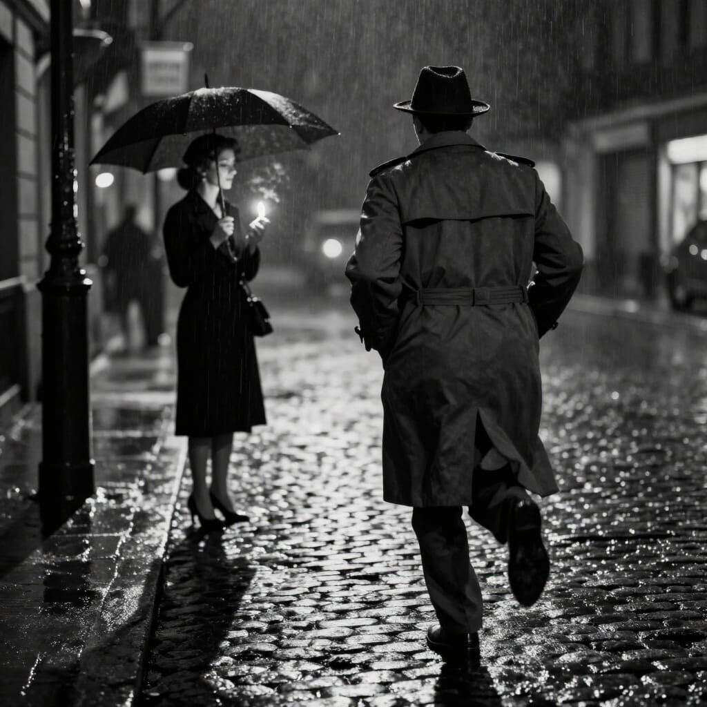 Film Noir Man Runs Down Rainy Street at Night