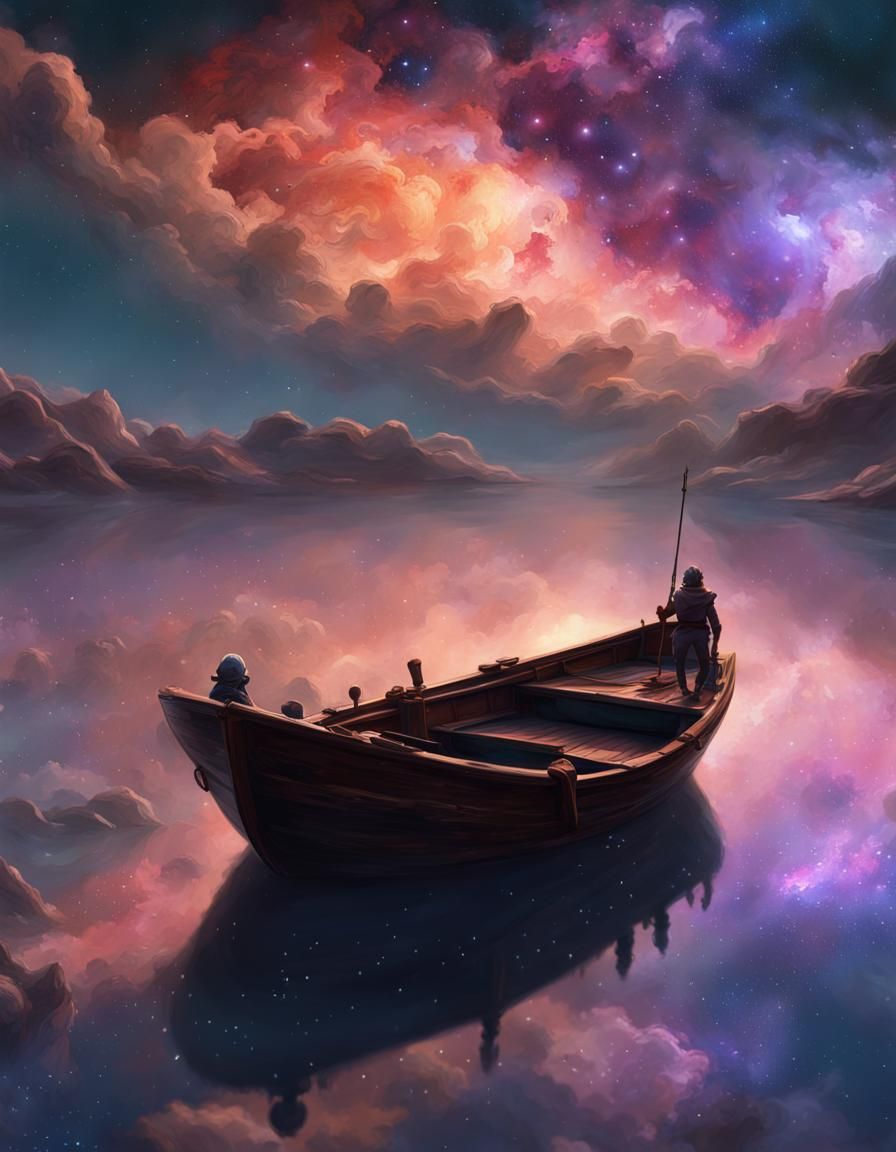 oil painting,beautiful nebula stars. shadow of small ferryman on the small boat crossing the river of cosmo stars from ...