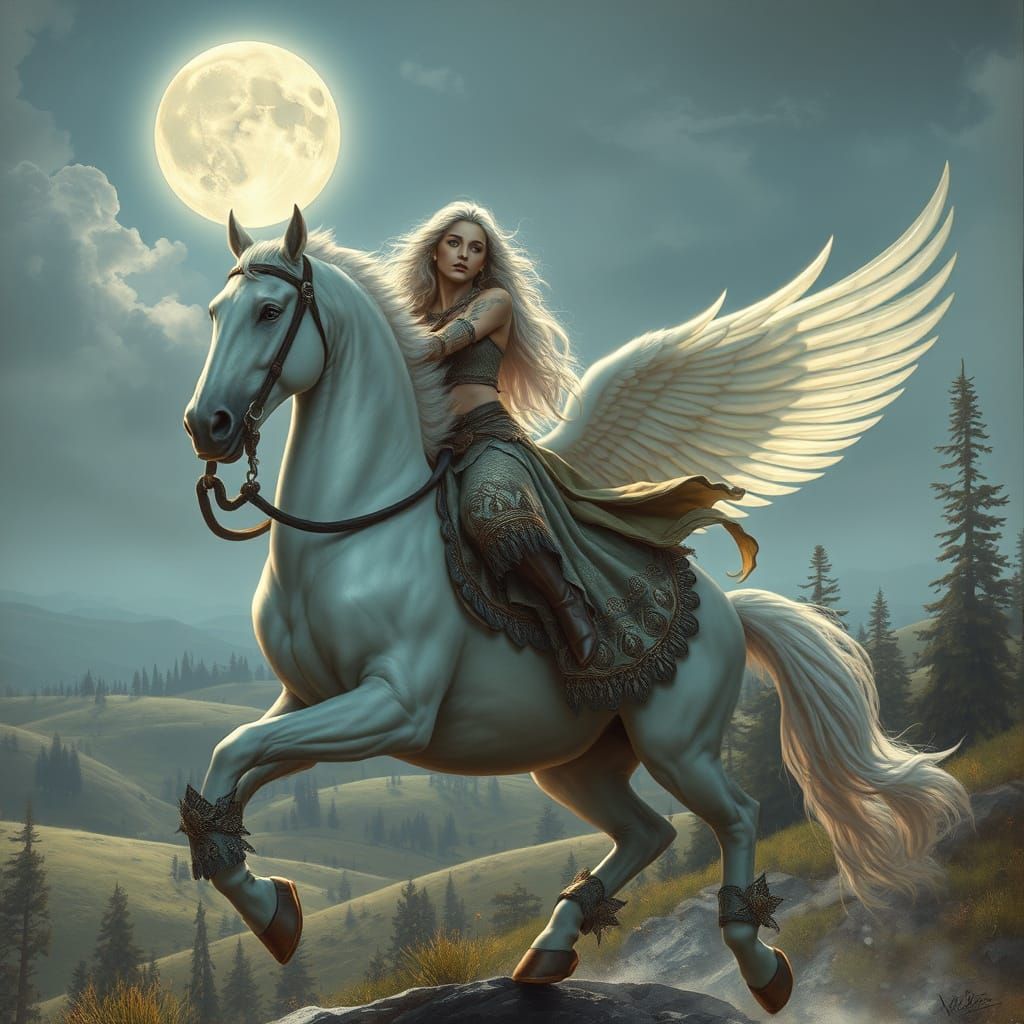 Majestic Pegasus Rider Under Lunar Glow