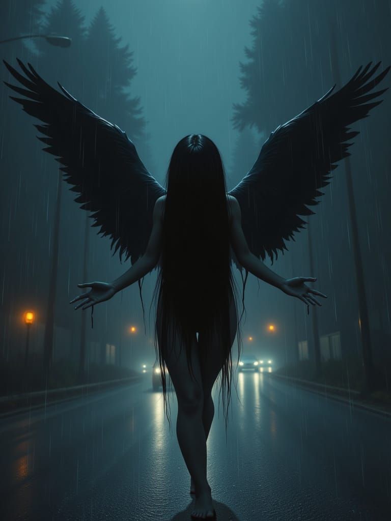 Fallen Angel in Rainy Cyberpunk Highway