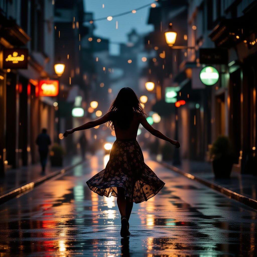 Girl Dancing in Rainy Town with Vintage Film Aesthetic