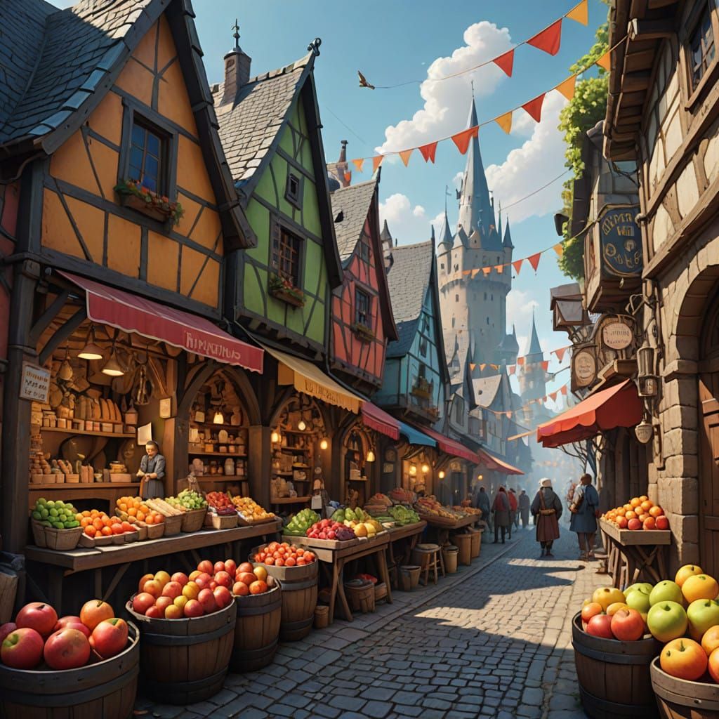 Medieval Whimsy: A Colorful Cartoon Street Scene
