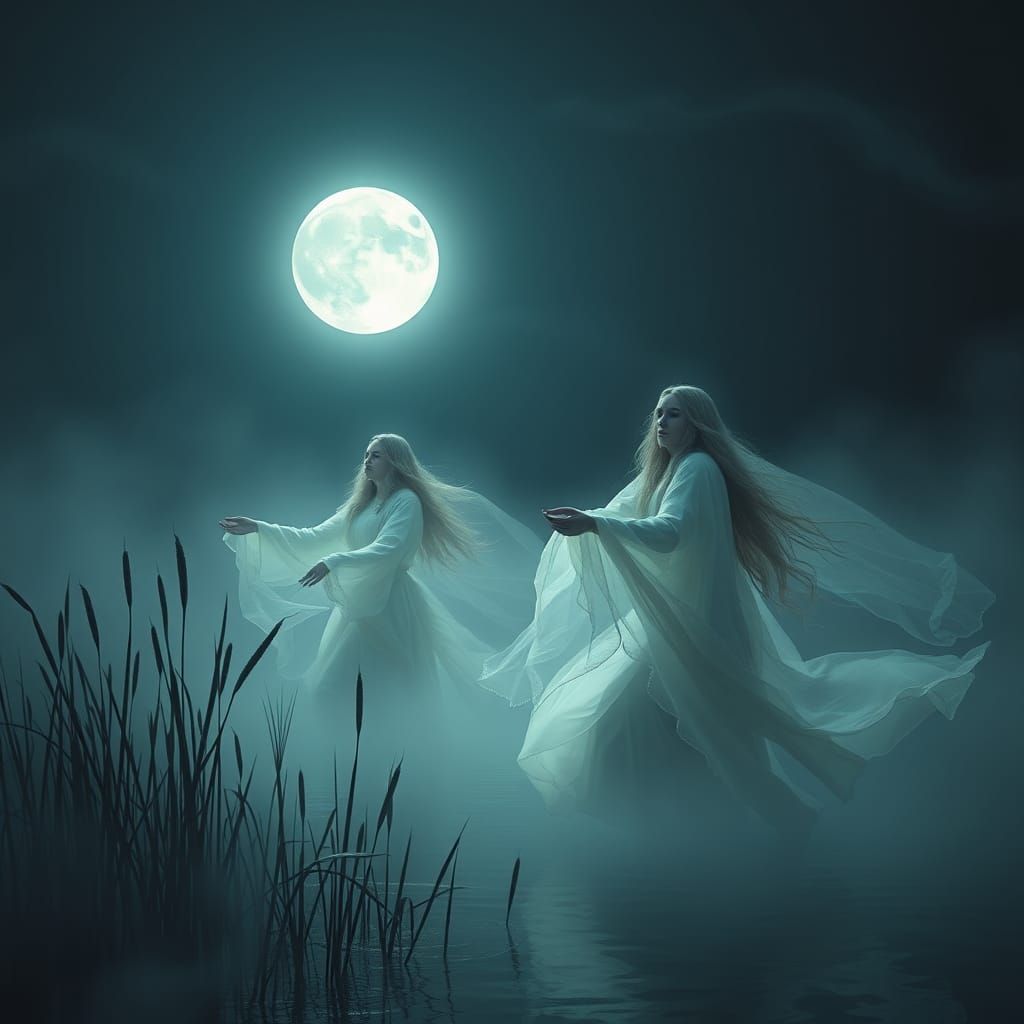 Moonlit Rusalki Dance on the Lake's Surface