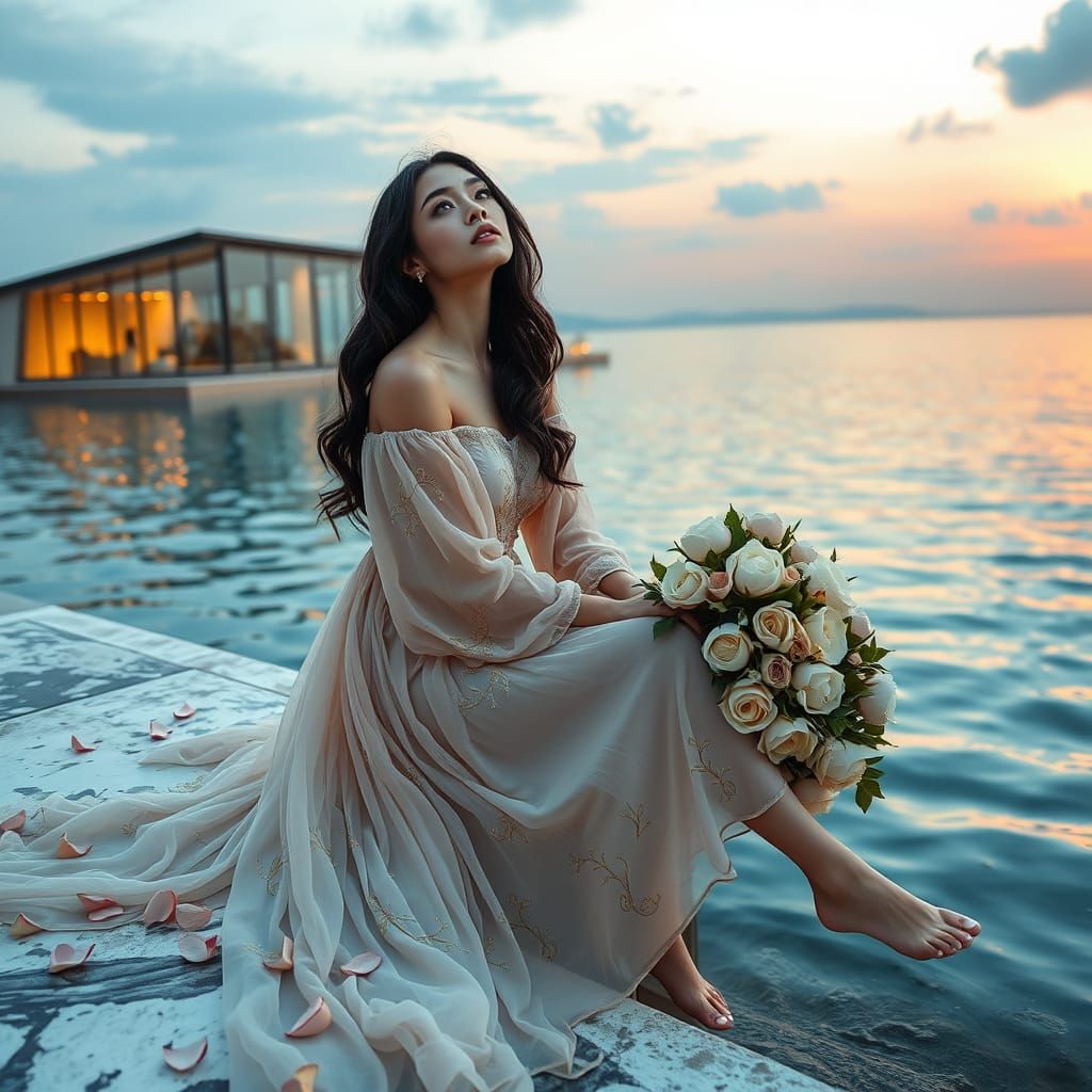 Ethereal Woman Contemplates by Tranquil Waters in Soft Focus